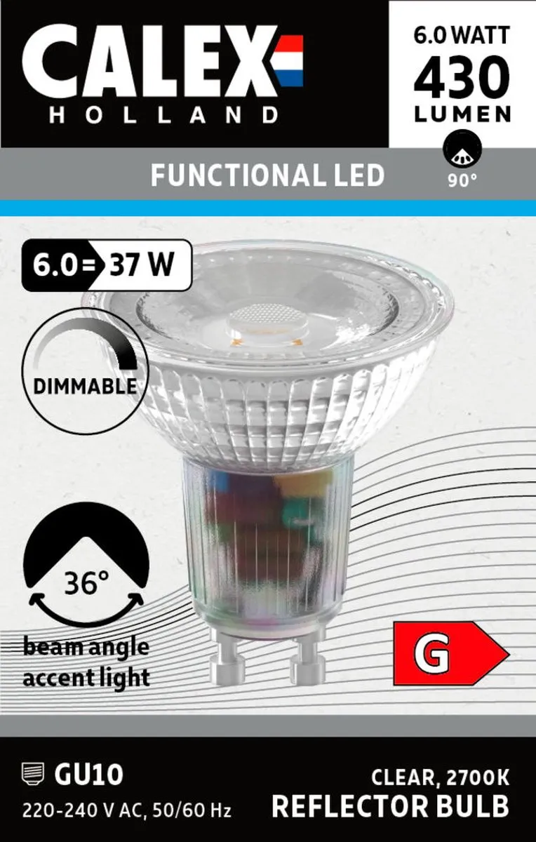 Calex LED Spot GU10 6W - 2700K Warm Wit - Helder Glas