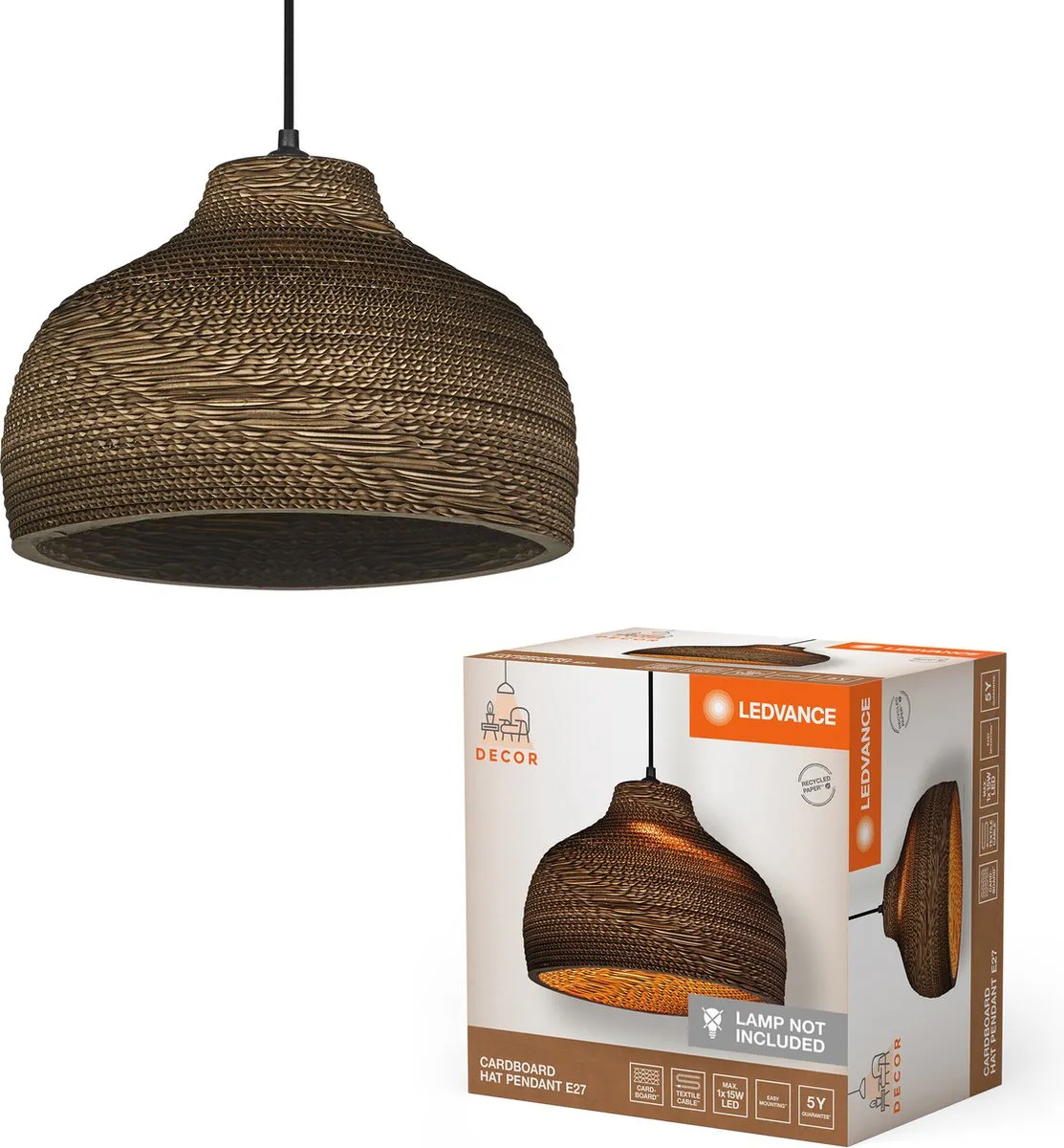 LEDVANCE Decor Cardboard Hat Hanglamp - E27 - Ø36cm - Bruin - afbeelding 3 van 6