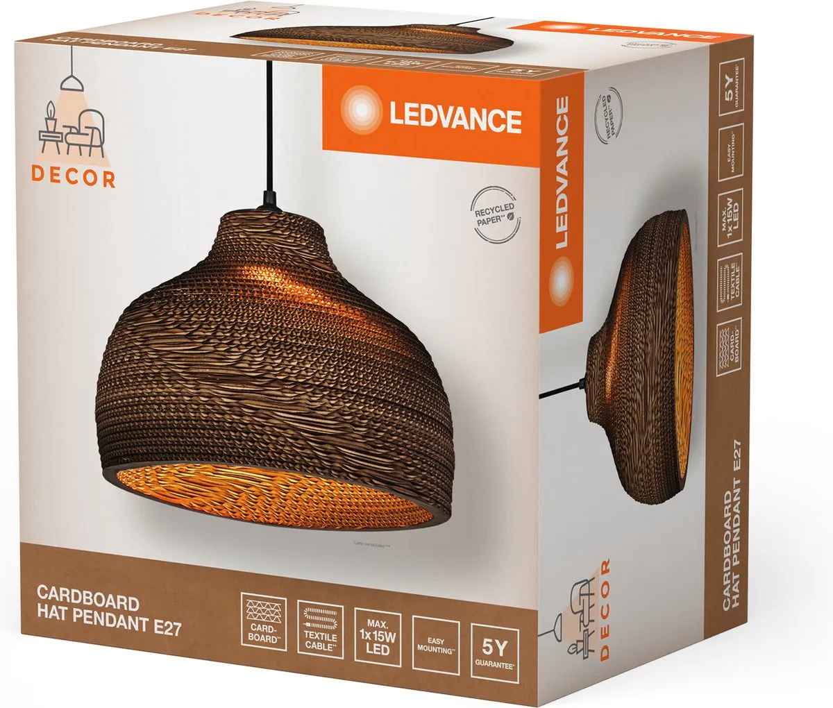 LEDVANCE Decor Cardboard Hat Hanglamp - E27 - Ø36cm - Bruin - afbeelding 6 van 6