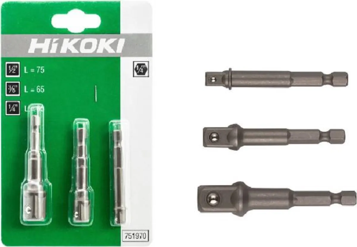 Hikoki 751970 Adapterset voor doppen 1/4"-3/8"-1/2" - 3-delig - Zilver