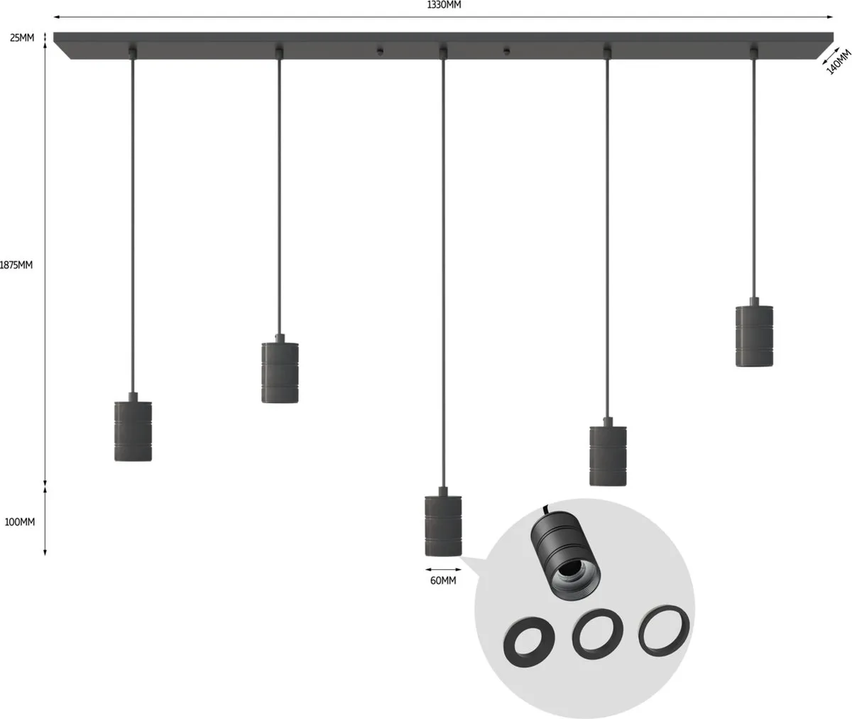 Calex Retro Industrieel Plafondlamp 14x130cm - 3x E27 - Zwart - afbeelding 6 van 6