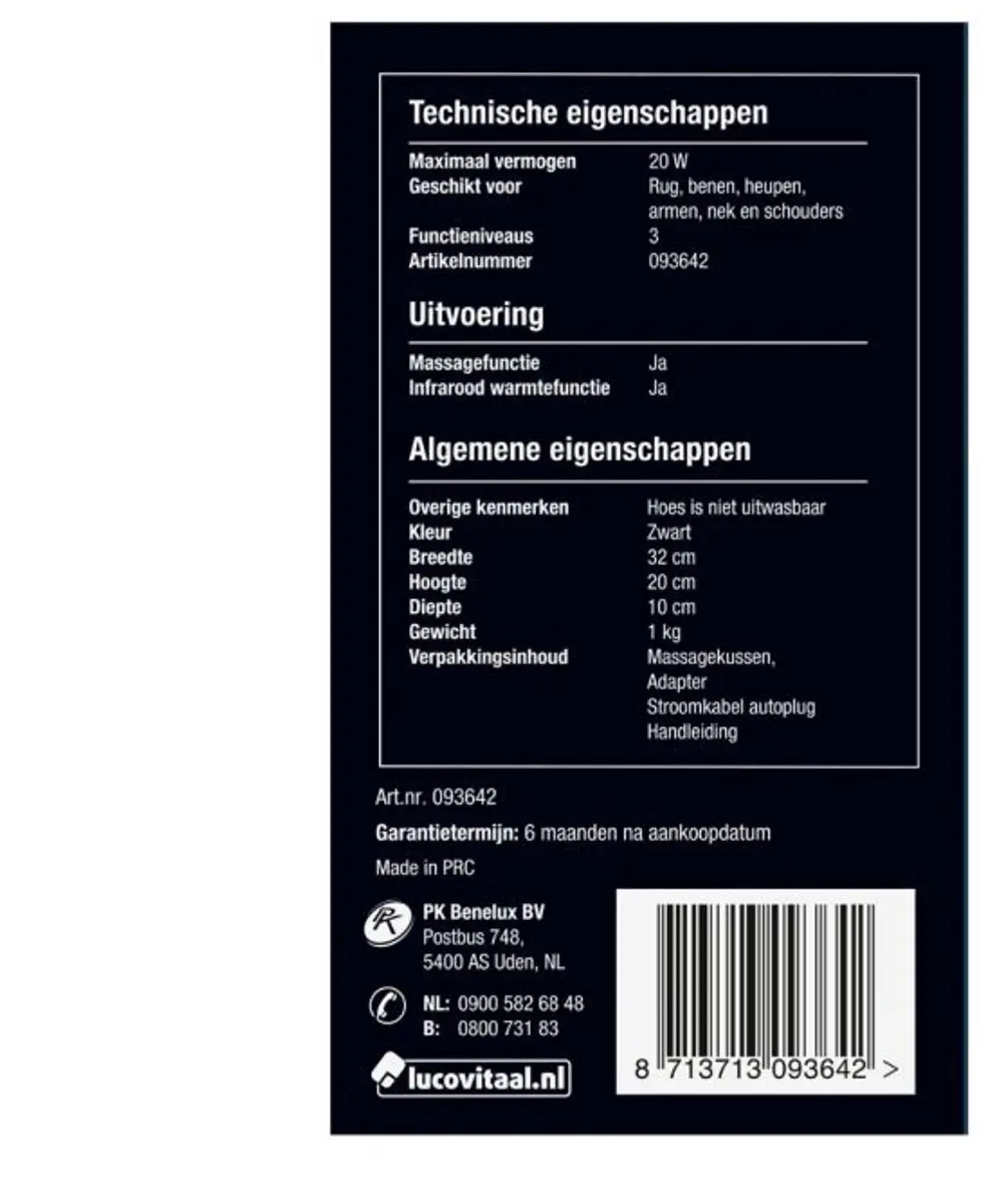 Lucovitaal Shiatsu Massagekussen - 8 Koppen - Zwart