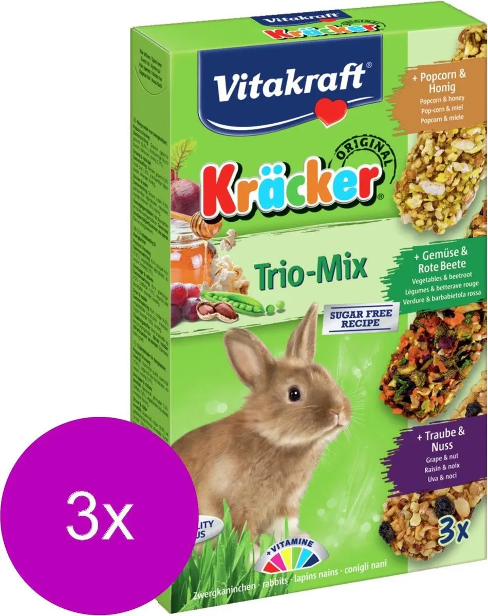 Vitakraft Konijn Kracker 3in1 - 3x Musli/Groente/Popcorn