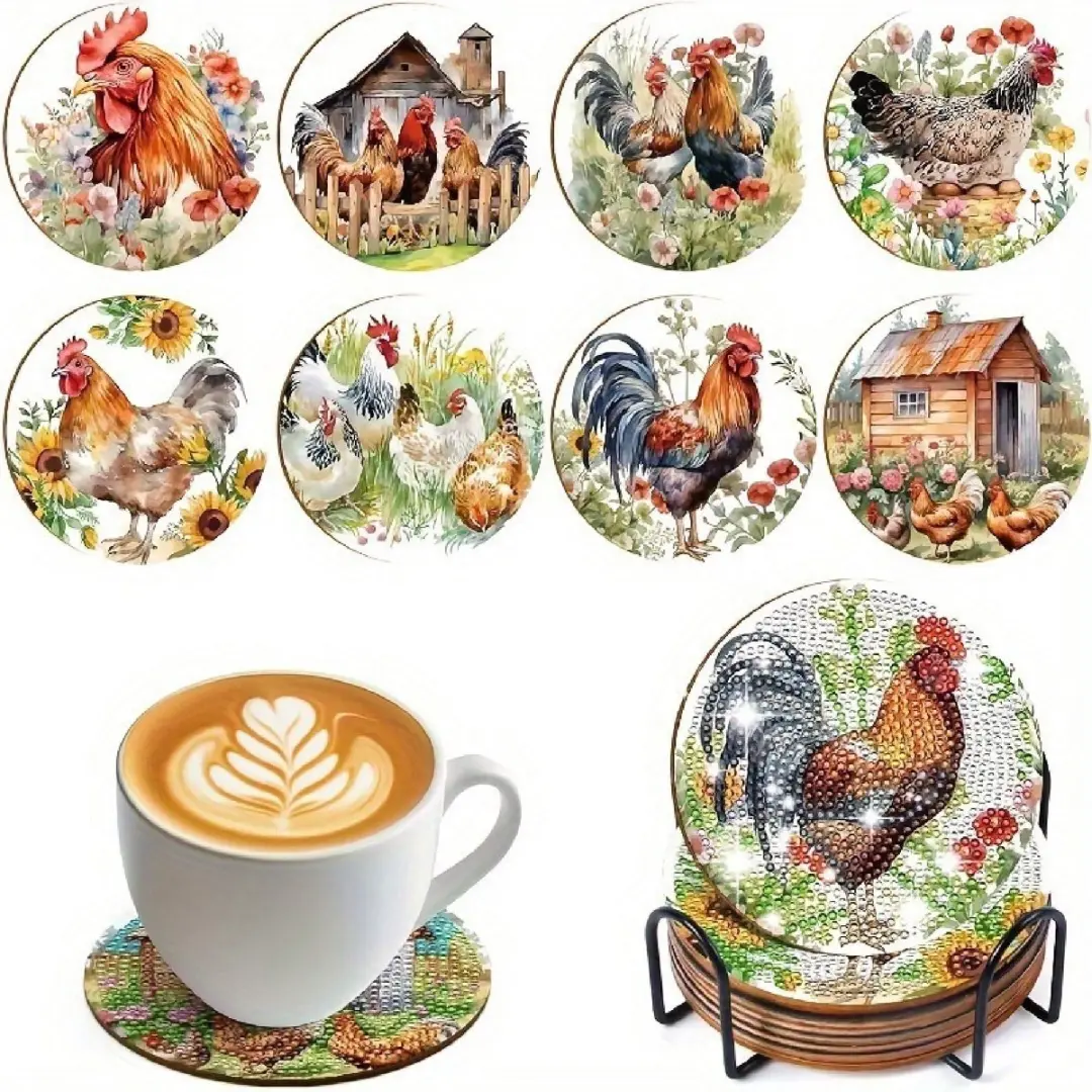 VDTOYS Diamond Painting Kippen Onderzetters 8 Stuks