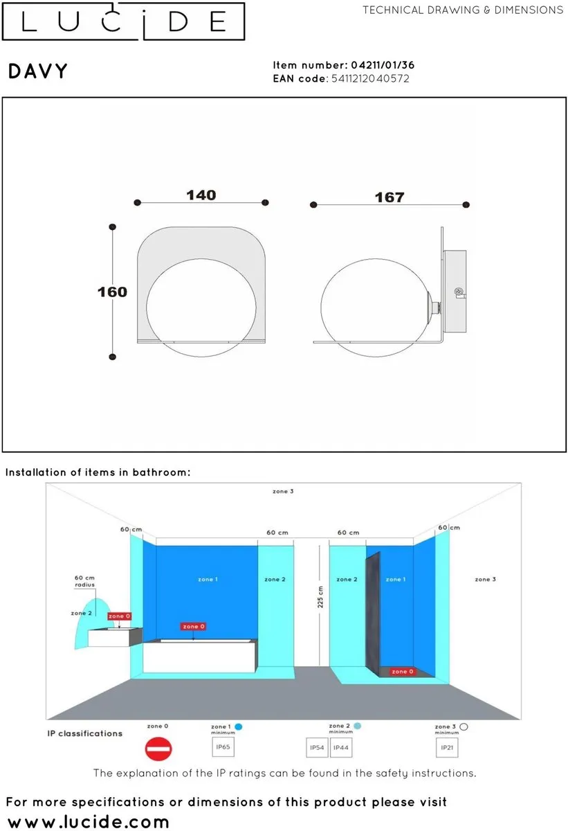 Lucide DAVY Wandlamp Badkamer 1xG9 33W - Grijs - afbeelding 6 van 6