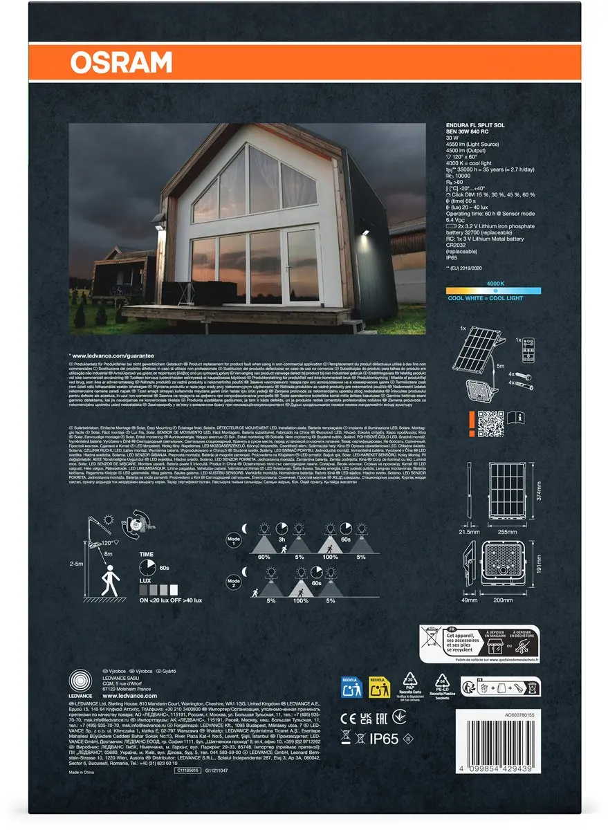 Osram Endura Flood Split Solar Sensor 30W - Zwart - afbeelding 6 van 6