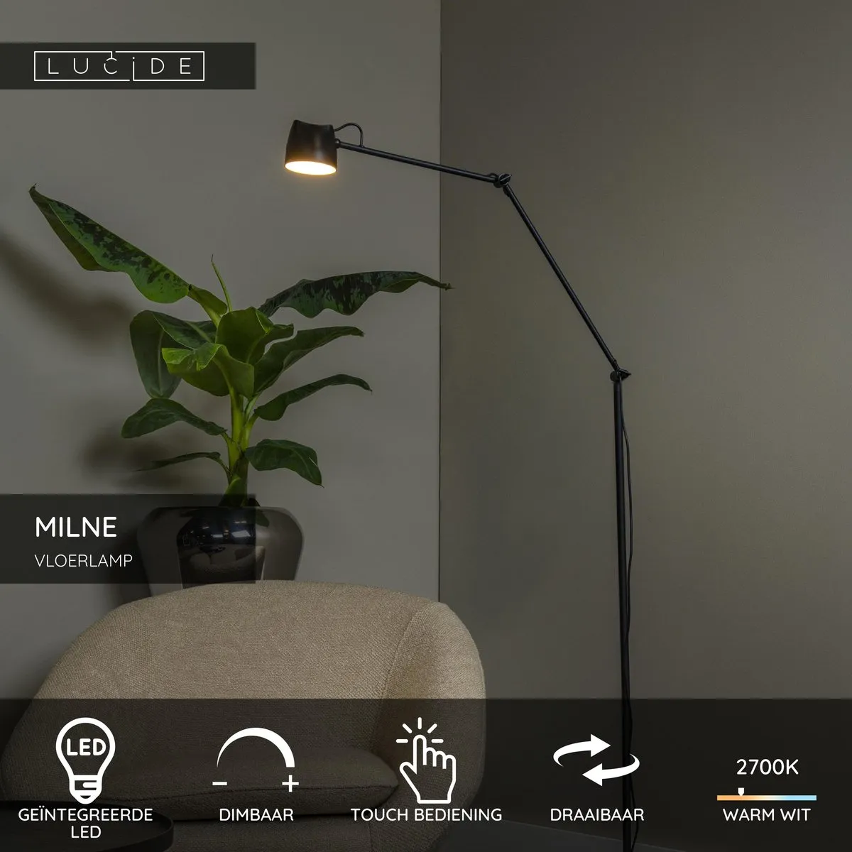 Lucide Milne Vloerlamp LED 8W 2700K - Zwart