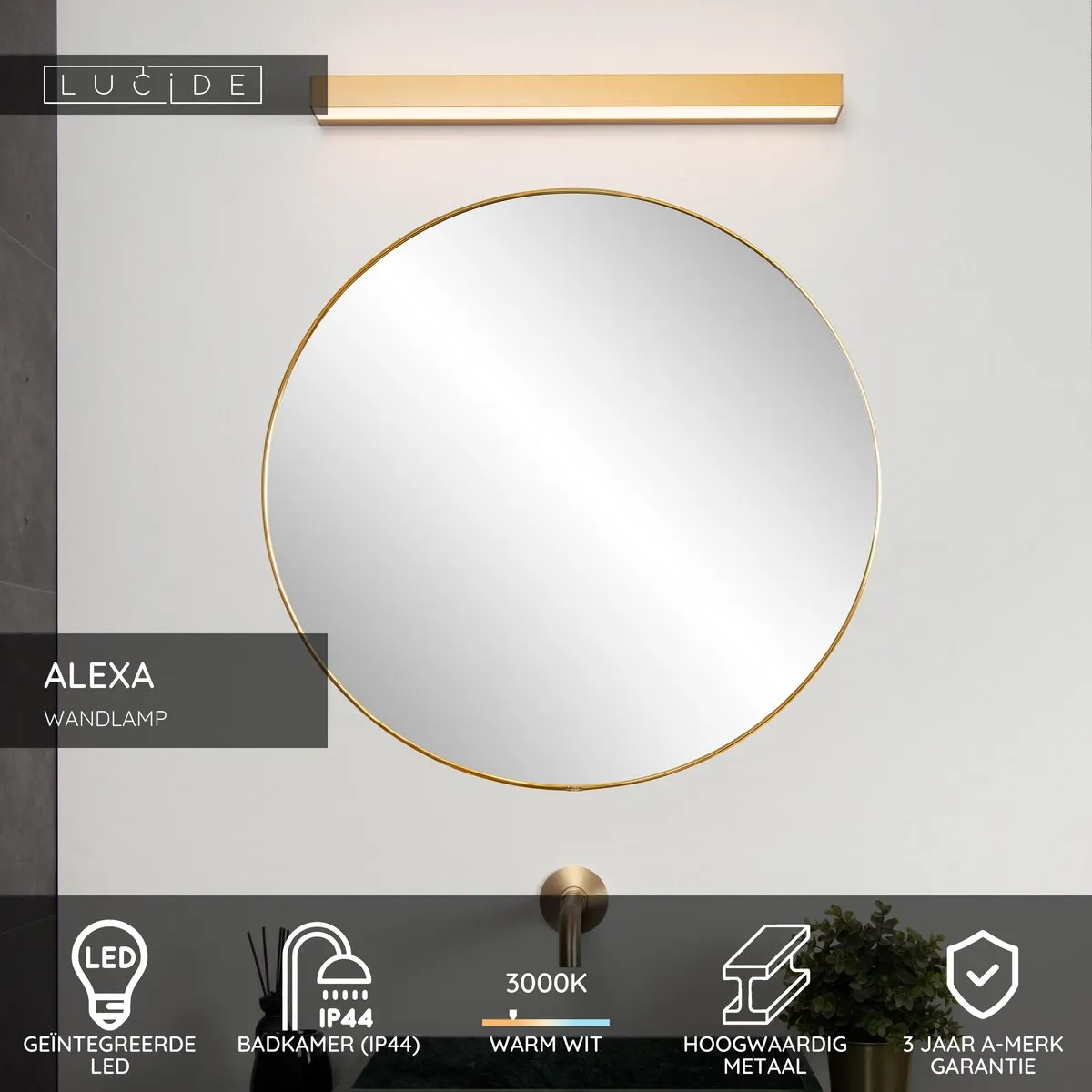 Lucide ALEXA Wandlamp Badkamer LED 8W IP44 Mat Goud/Messing