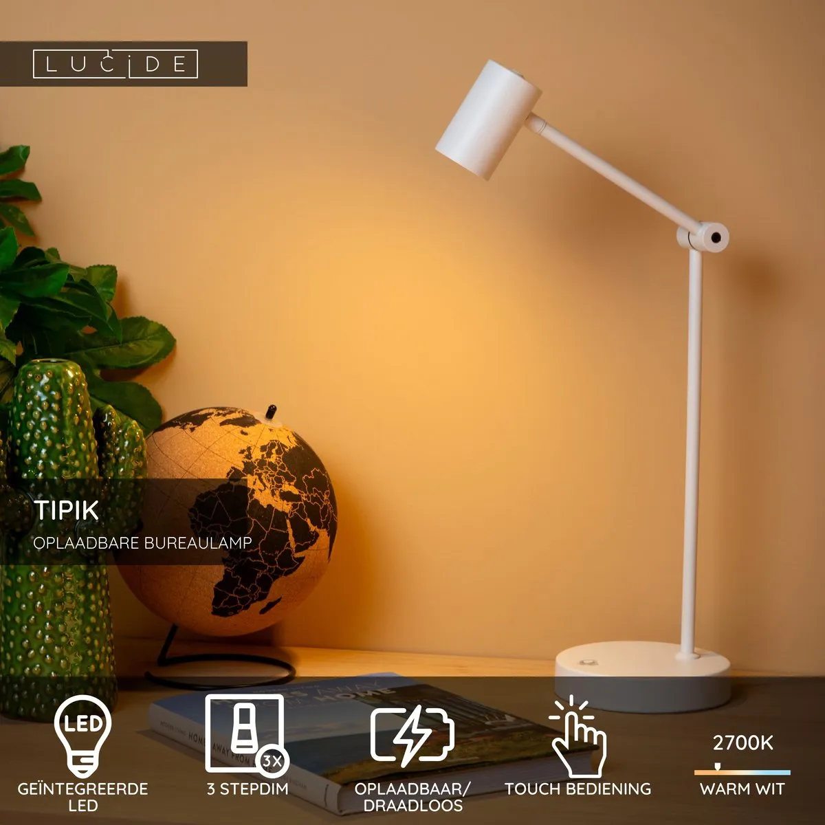Lucide Tipik Oplaadbare Bureaulamp 3W - Wit