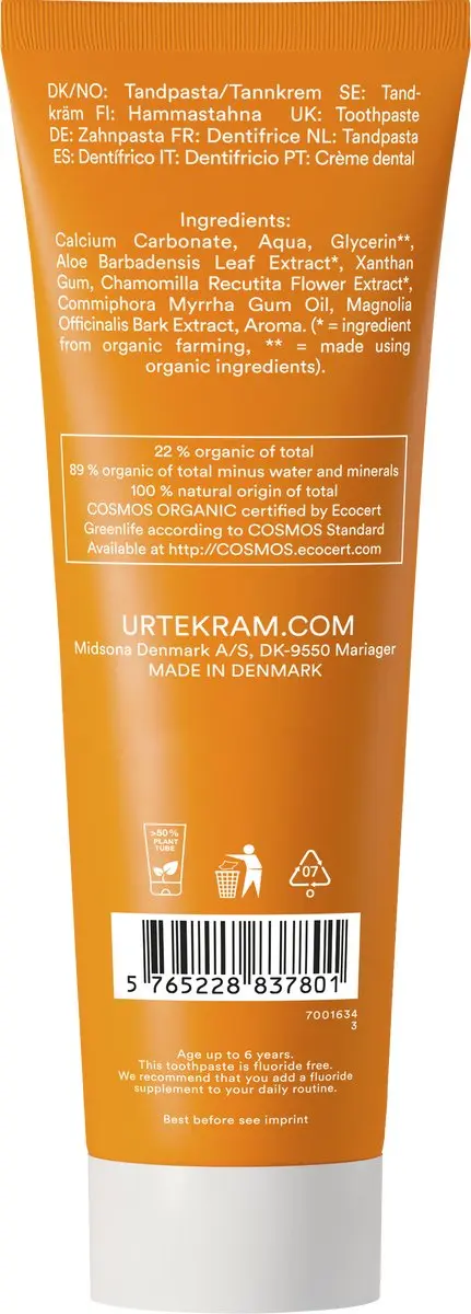 Urtekram Kinder Tandpasta Tutti Frutti Fluoridevrij 75ml