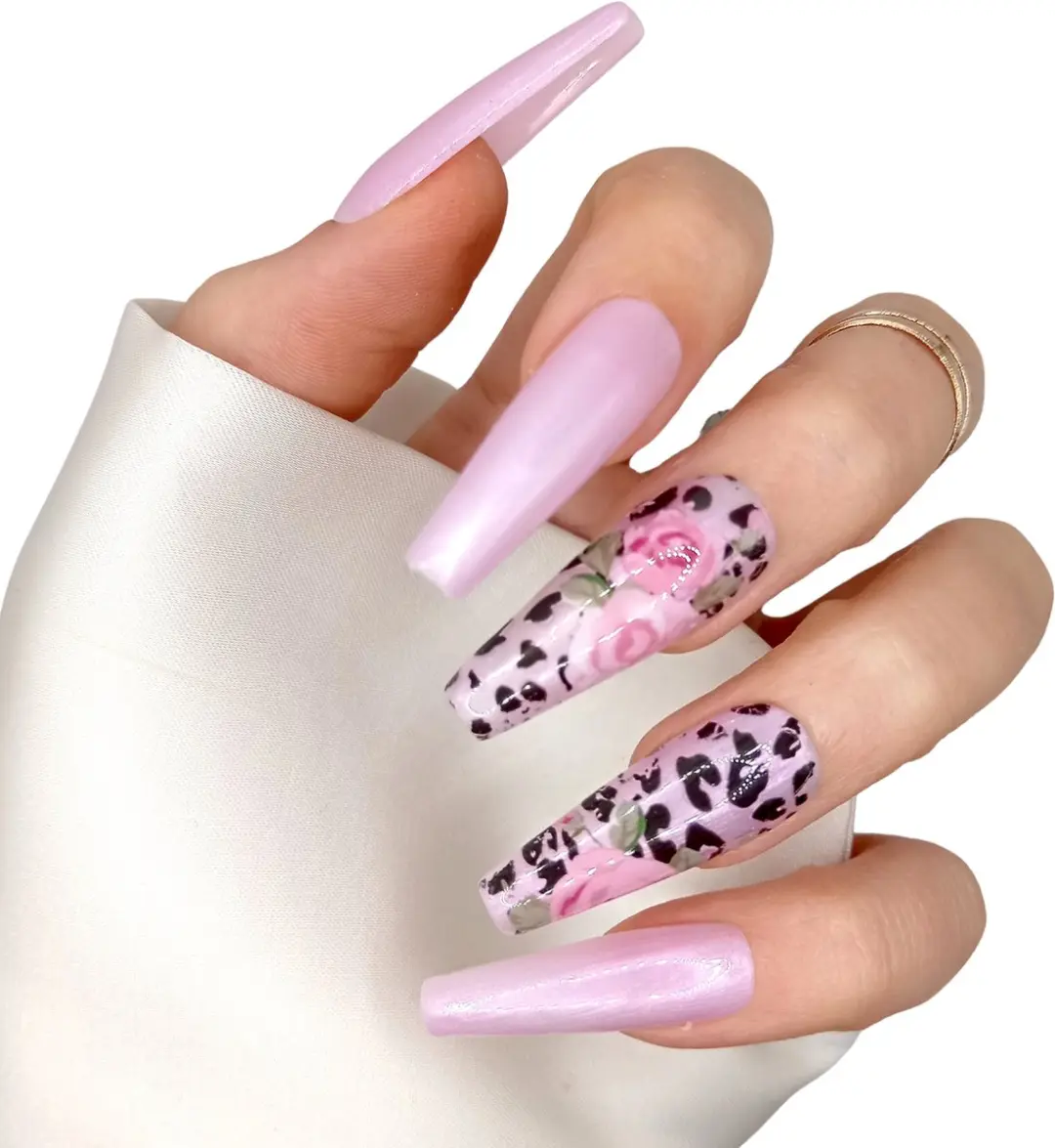 SD Press on Nails B-196 XL Coffin Roze Aurora Print