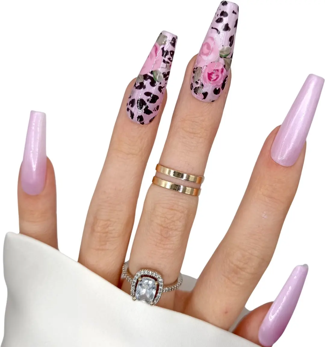 SD Press on Nails B-196 XL Coffin Roze Aurora Print - 20 Stuks