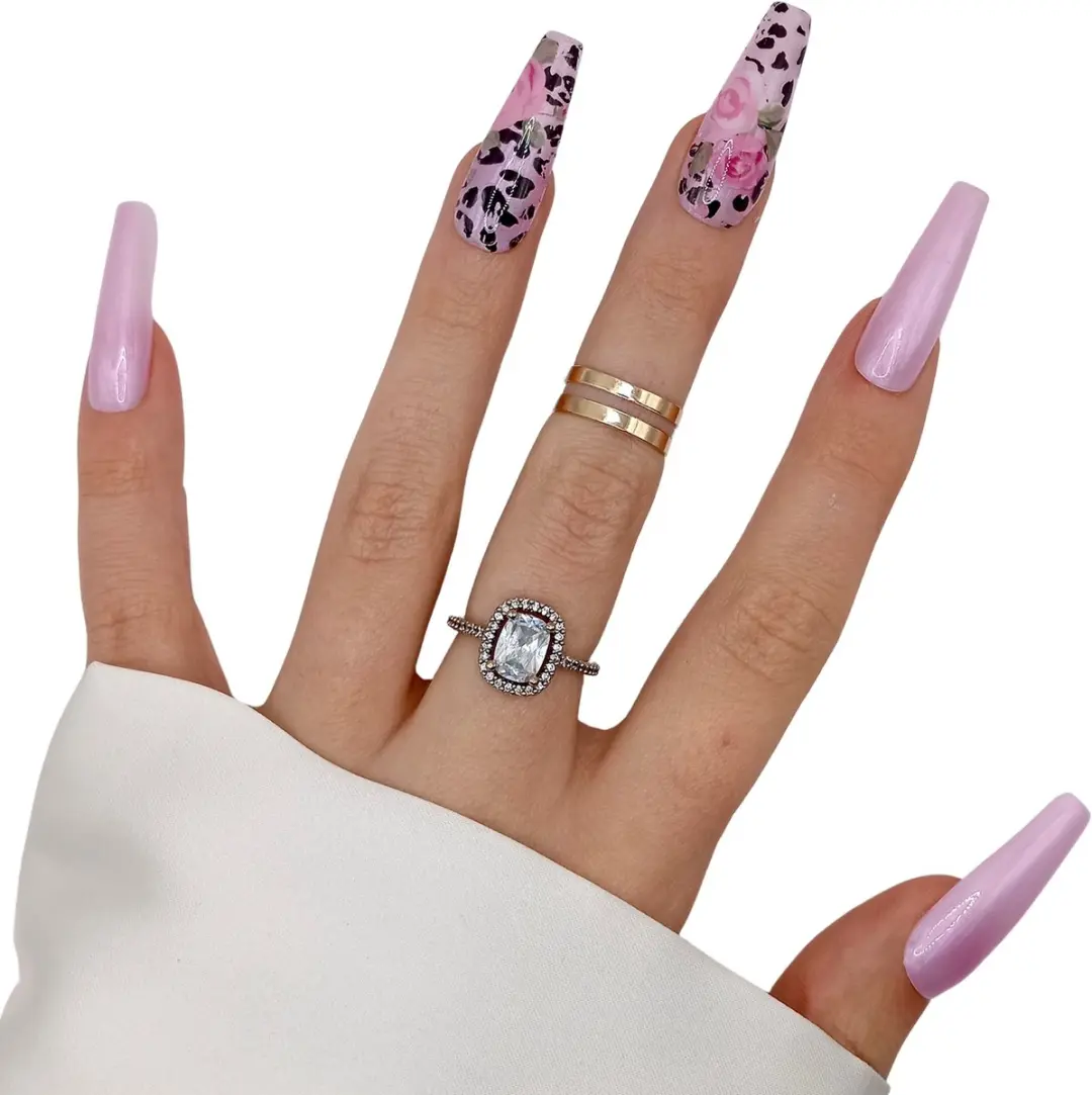 SD Press on Nails B-196 XL Coffin Roze Aurora Print - 20 Stuks