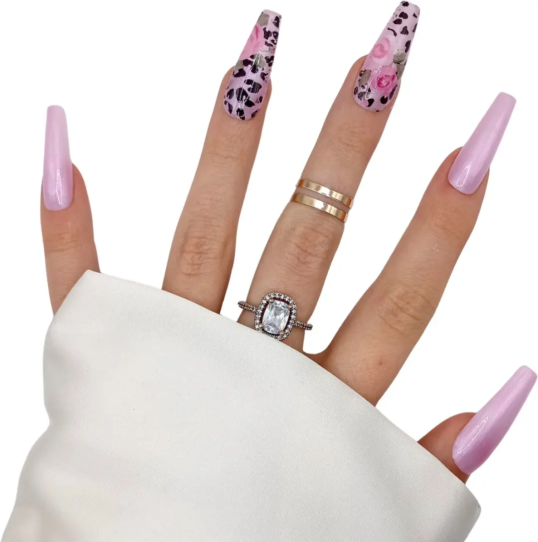 SD Press on Nails B-196 XL Coffin Roze Aurora Print - 20 Stuks