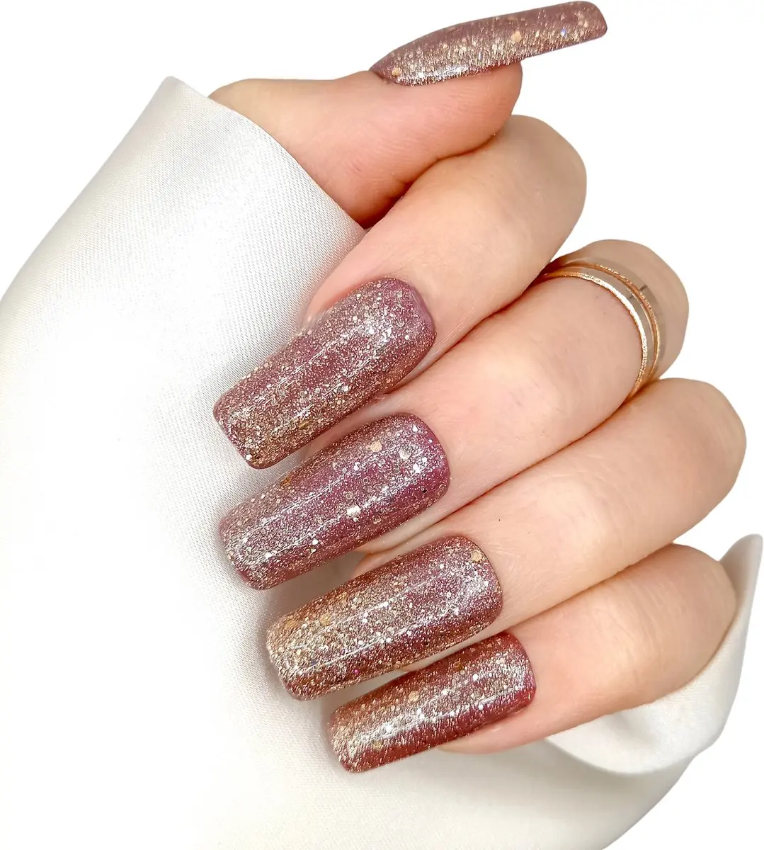 SD Press on Nails Kerstnagels Glitter Goud Long Square