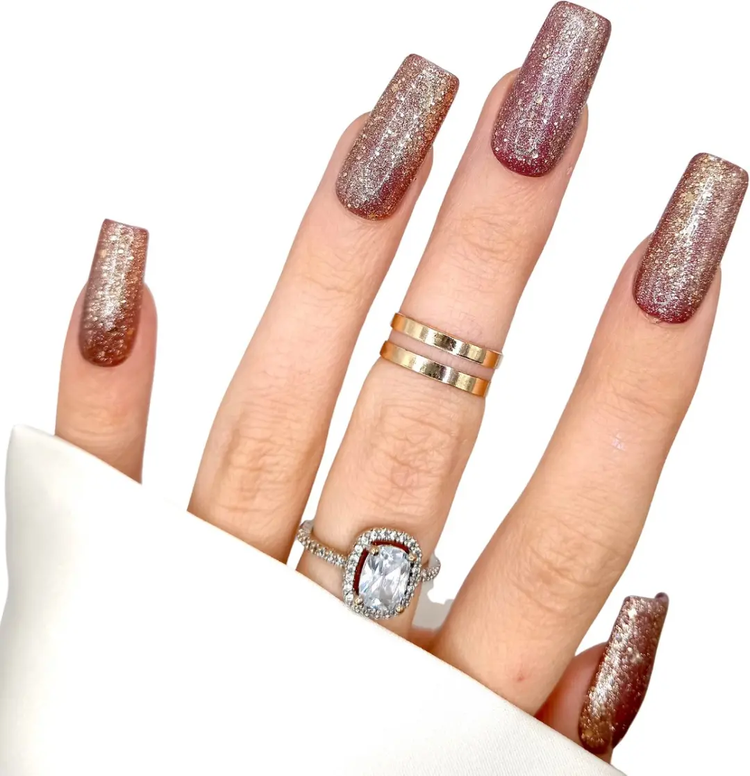 SD Press on Nails Kerstnagels Glitter Goud Long Square - 20 Stuks
