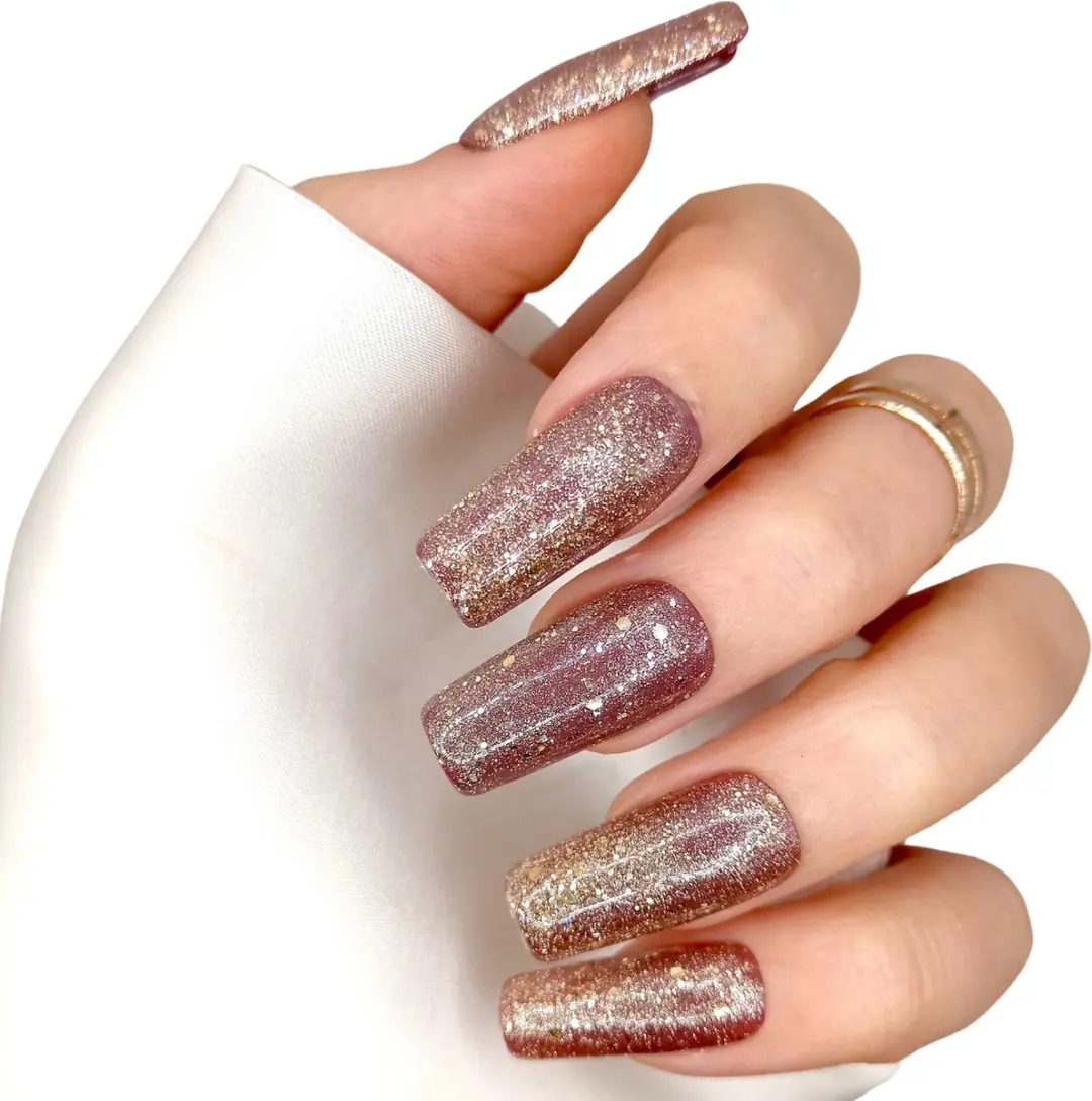 SD Press on Nails Kerstnagels Glitter Goud Long Square - 20 Stuks