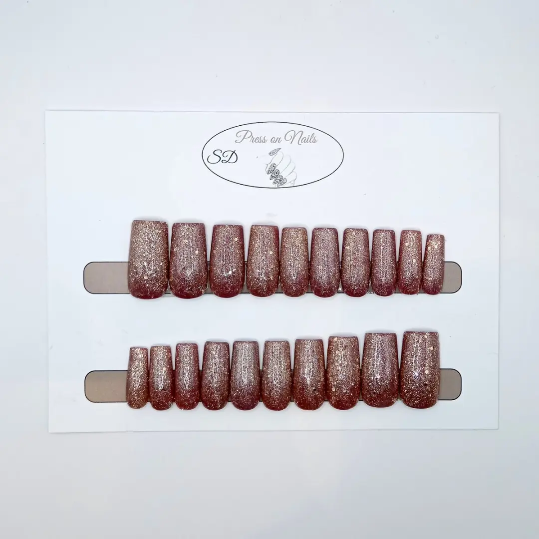 SD Press on Nails Kerstnagels Glitter Goud Long Square - 20 Stuks