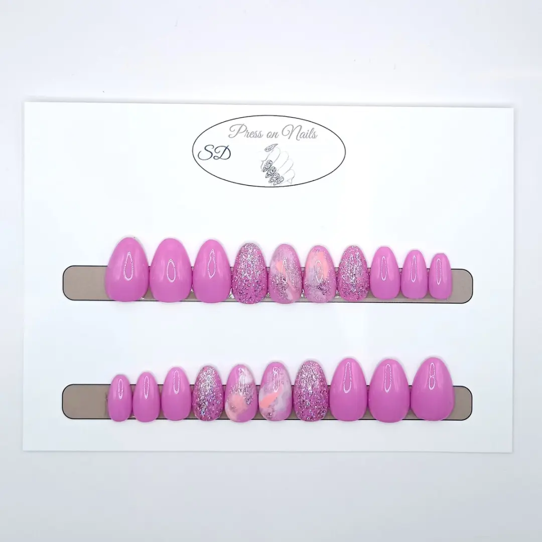 SD Press on Nails B-142 XS Stiletto Kunstnagels Pink Marble Glitter - 20 Stuks
