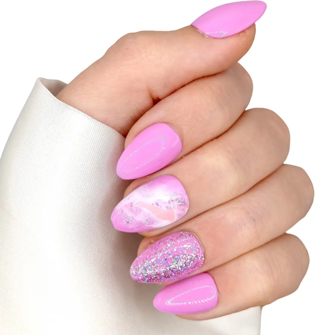 SD Press on Nails B-142 XS Stiletto Kunstnagels Pink Marble Glitter