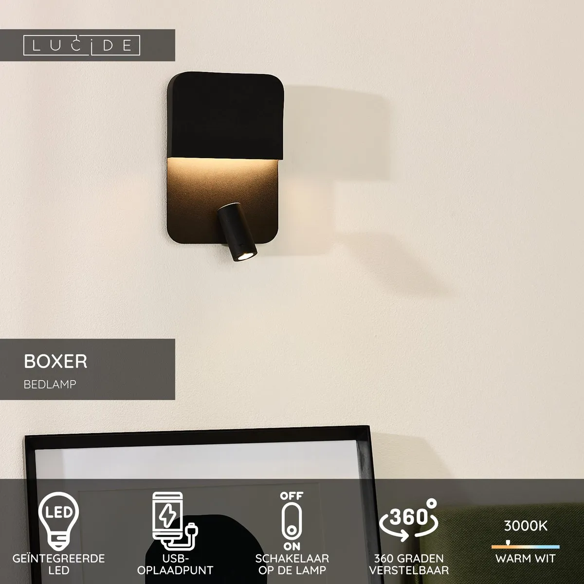 Lucide Boxer LED Bedlamp/Wandlamp 3000K - Zwart