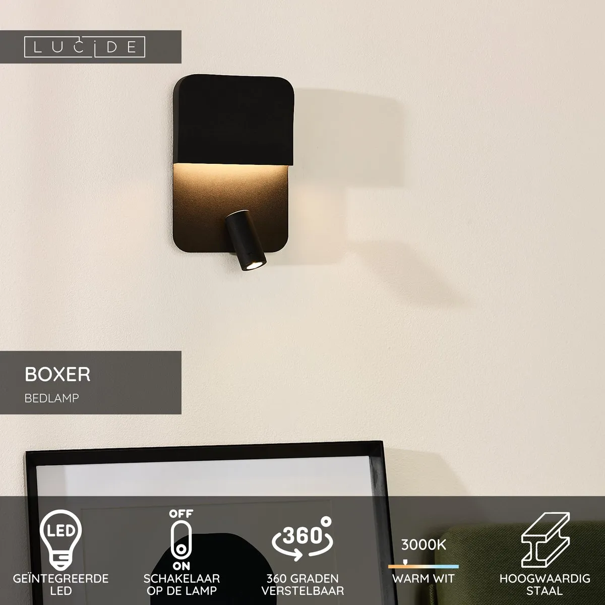 Lucide Boxer LED Bedlamp/Wandlamp 3000K - Zwart