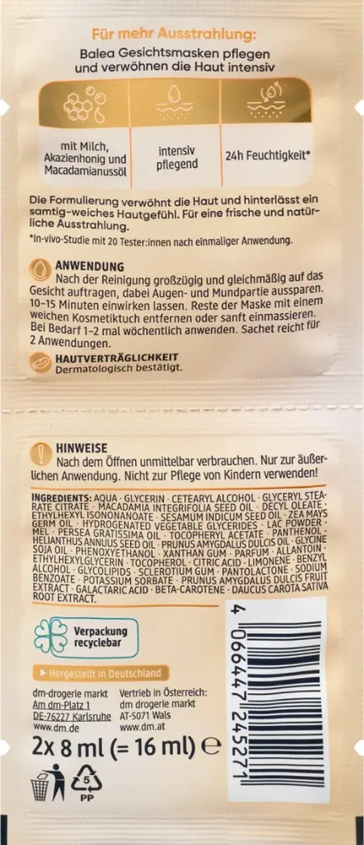 Balea Gezichtsmasker Melk & Honing 16ml