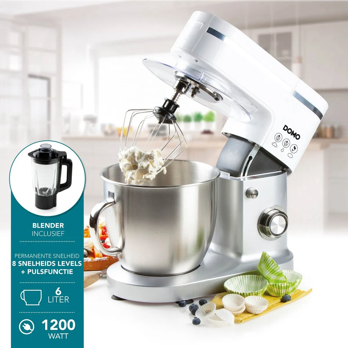 Domo DO9231KR Keukenmachine 1200W - 6L - Wit/Zilver