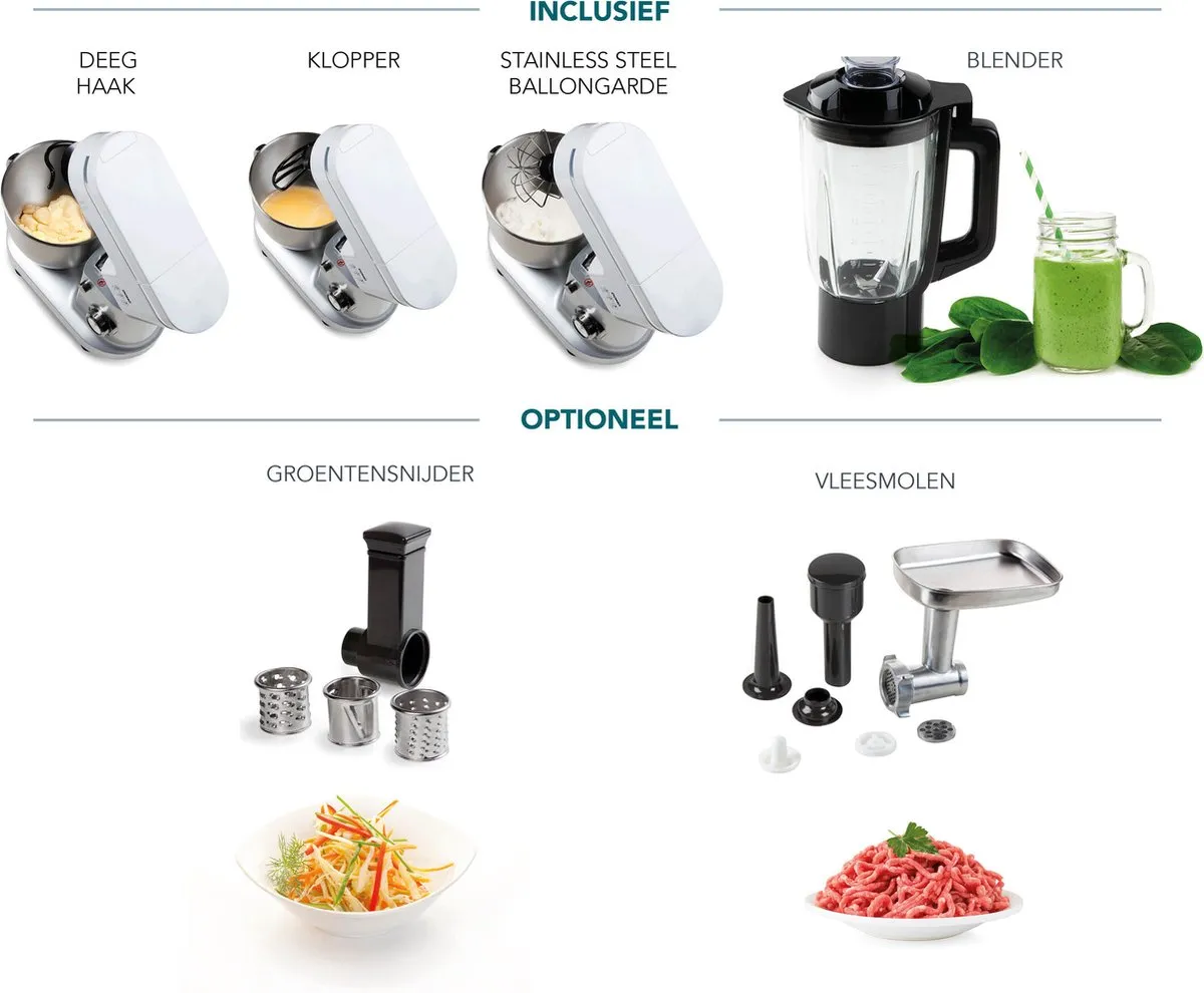 Domo DO9231KR Keukenmachine 1200W - 6L - Wit/Zilver