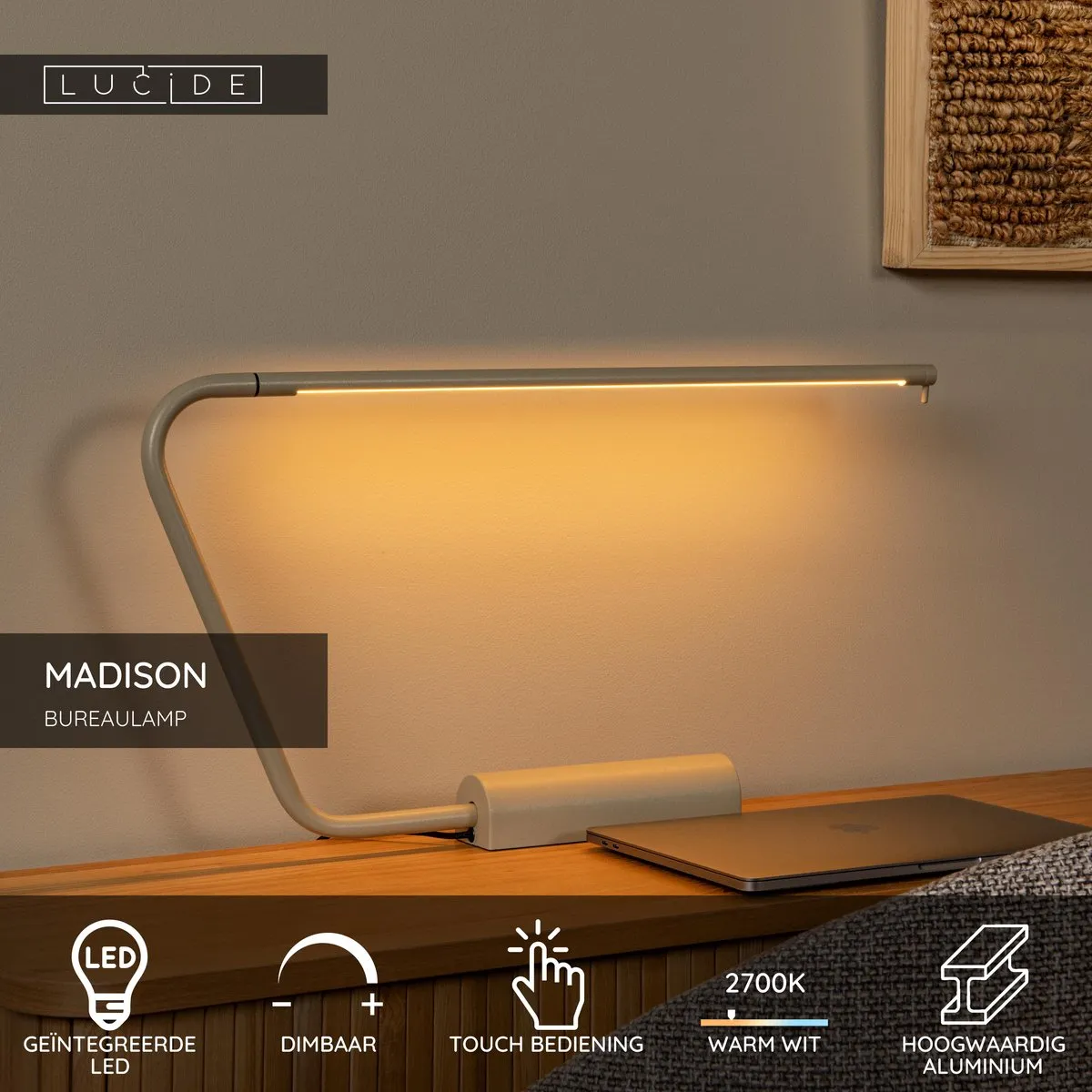 Lucide MADISON - Bureaulamp - LED Dimbaar - 1x6,5W 2700K - Taupe