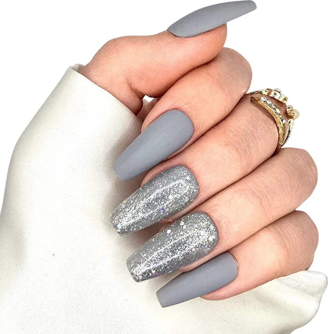 SD Press on Nails B-266 Plaknagels - 20 Stuks - Grijs Matte Glitter