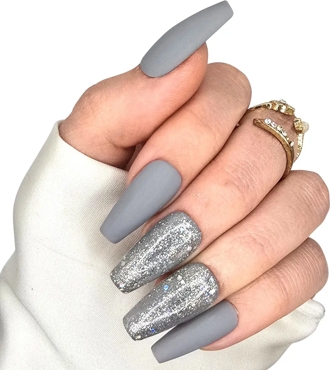 SD Press on Nails B-266 Plaknagels - 20 Stuks - Grijs Matte Glitter
