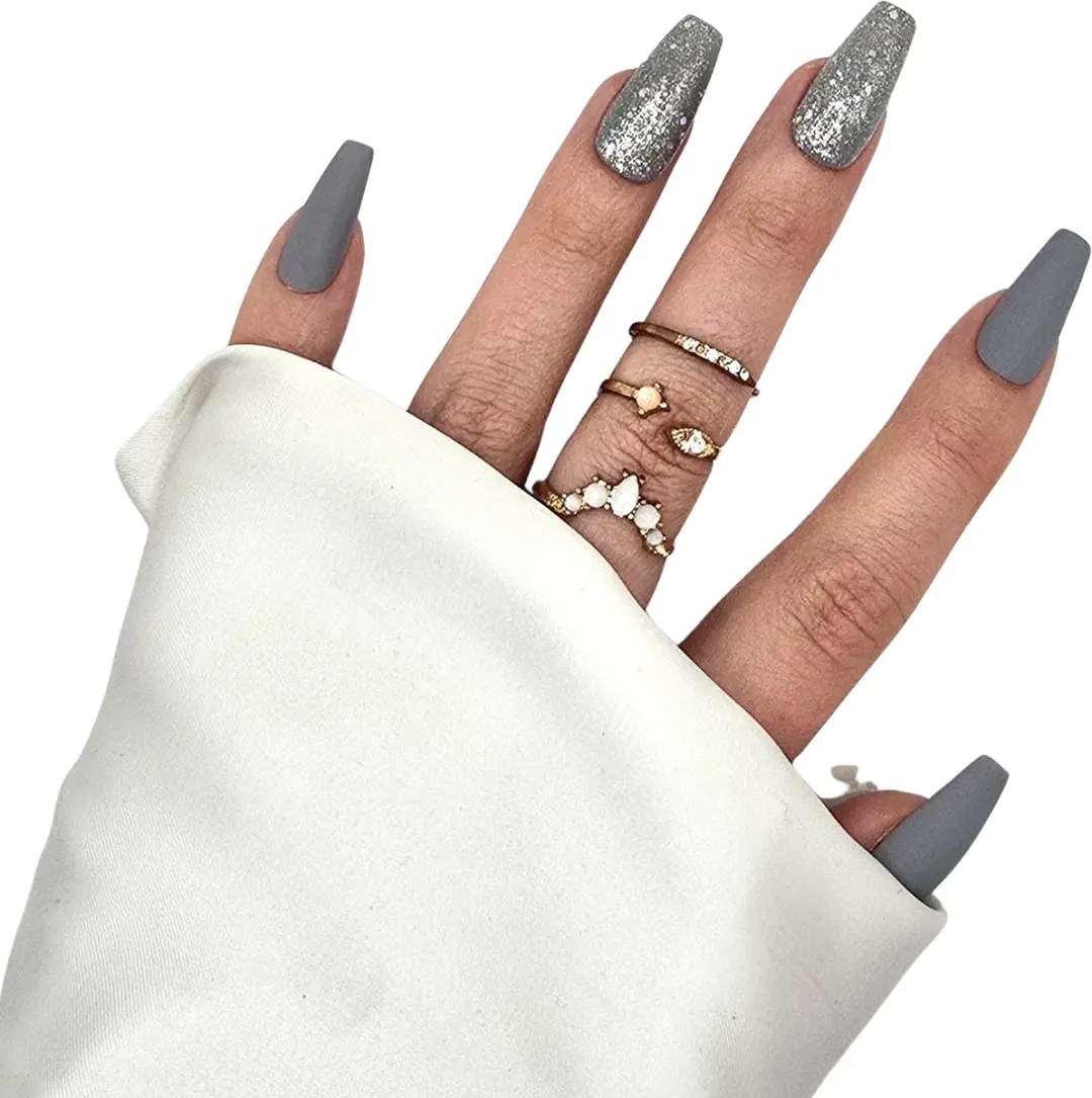 SD Press on Nails B-266 Plaknagels - 20 Stuks - Grijs Matte Glitter