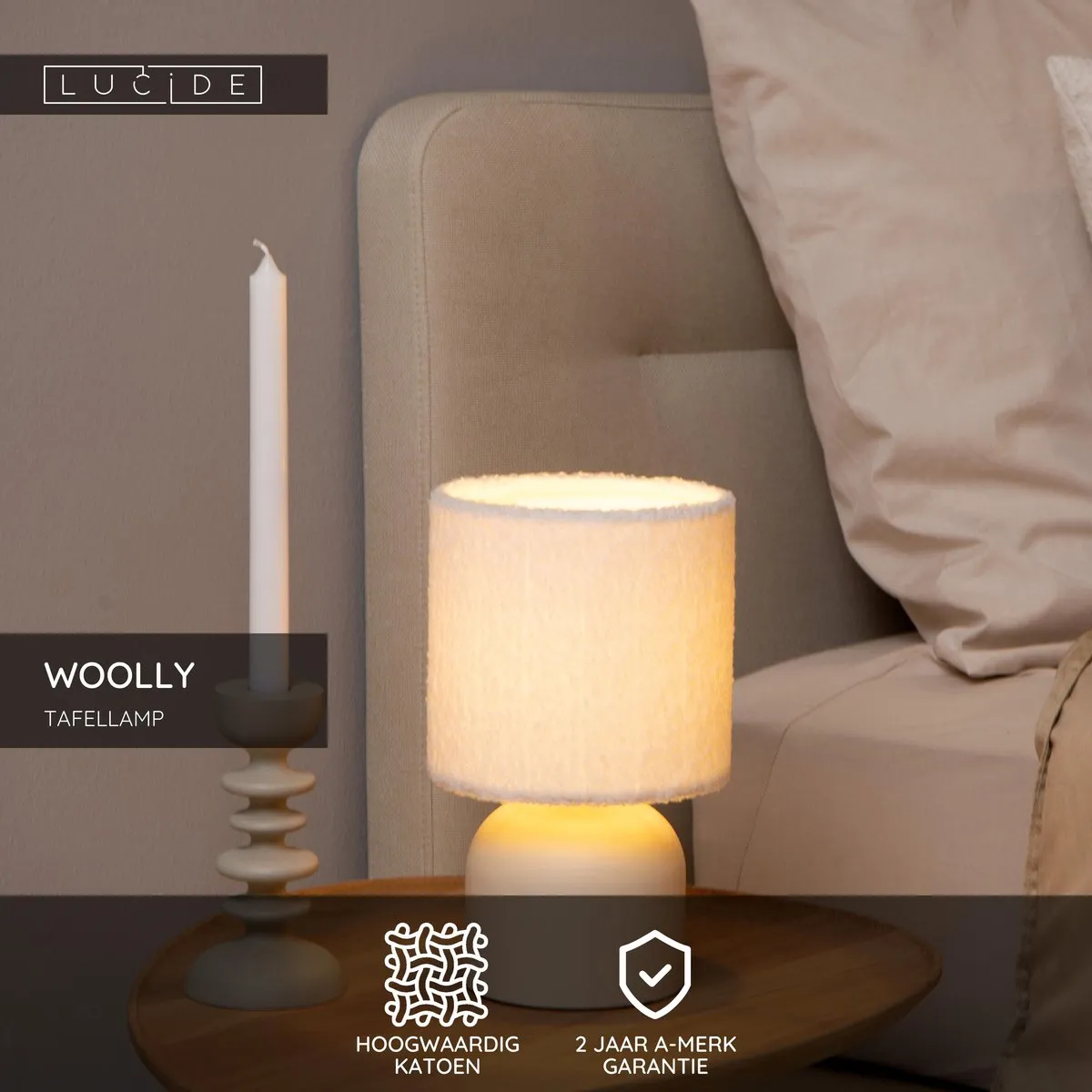 Lucide Woolly Tafellamp Ø16cm - Beige