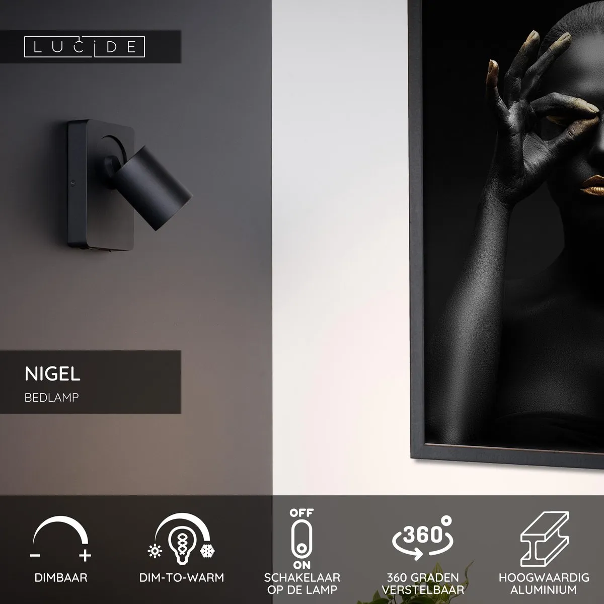 Lucide Nigel Bedlamp/Wandlamp GU10 5W - Zwart