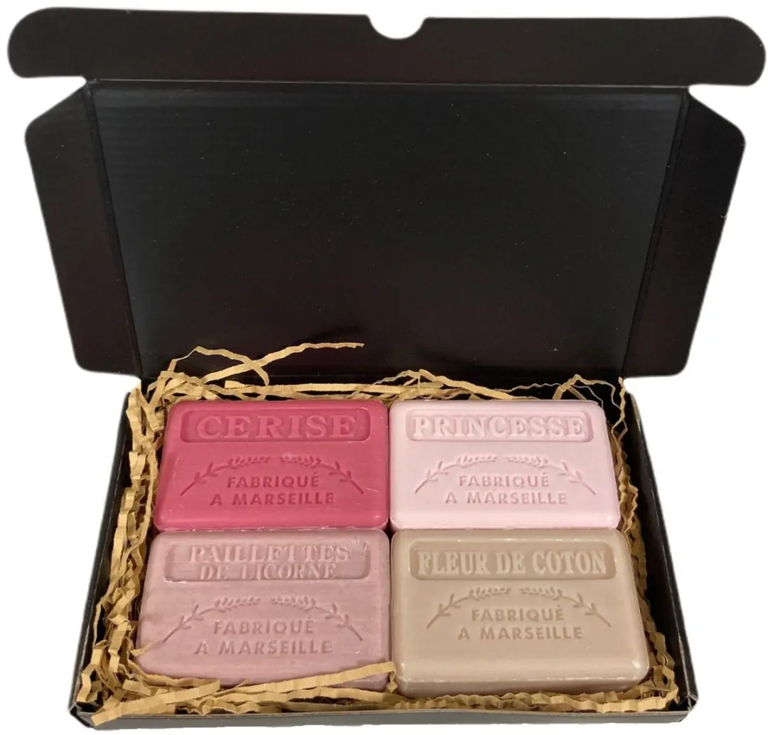 Savon de Marseille Brievenbuscadeau - 4x125g - Kers/Prinses/Unicorn/Fleur de coton