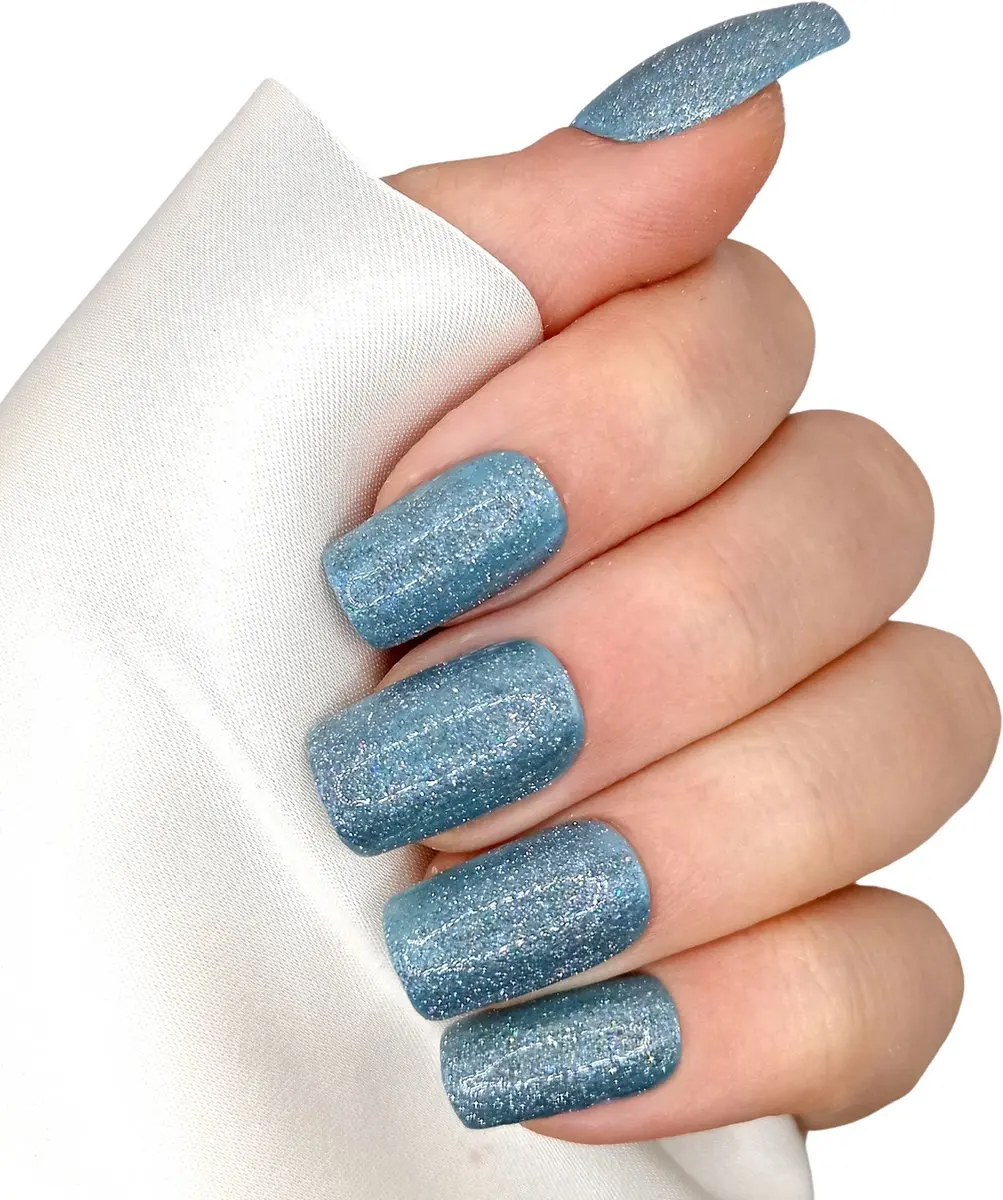 SD Press on Nails B200 Blauwe Glitter Nagelset 20 Stuks