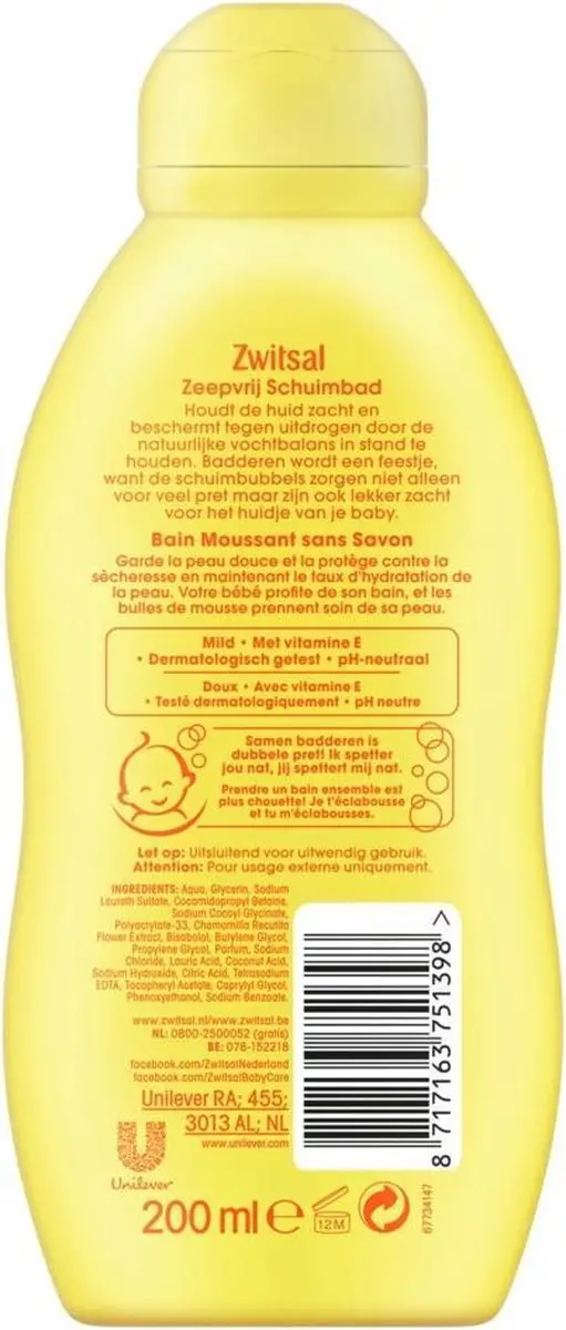 Zwitsal Schuimbad Zeepvrij 200ml - 6 Stuks