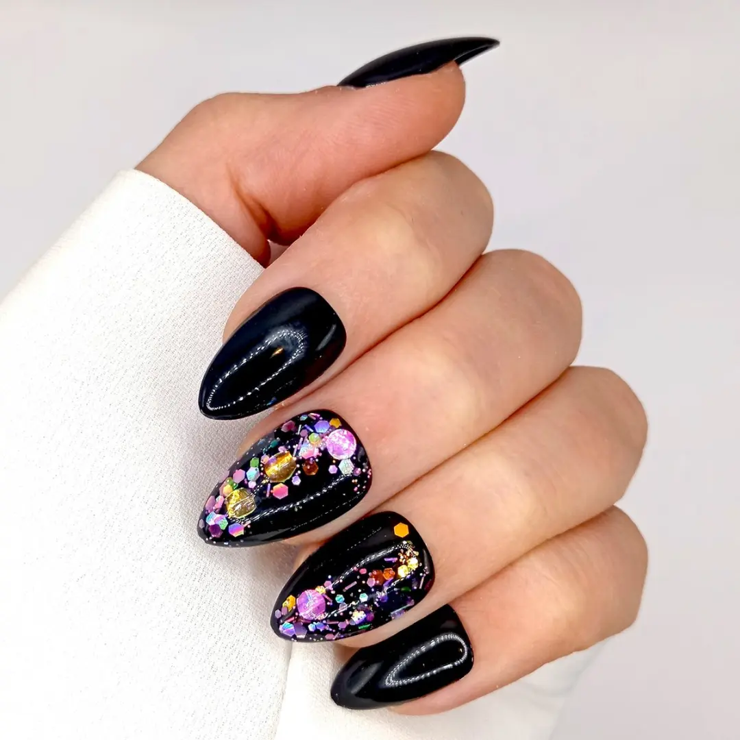 SD Press on Nails No. 18 Purple Disco Plaknagels - 20 Stuks - Zwart Paars Glitter