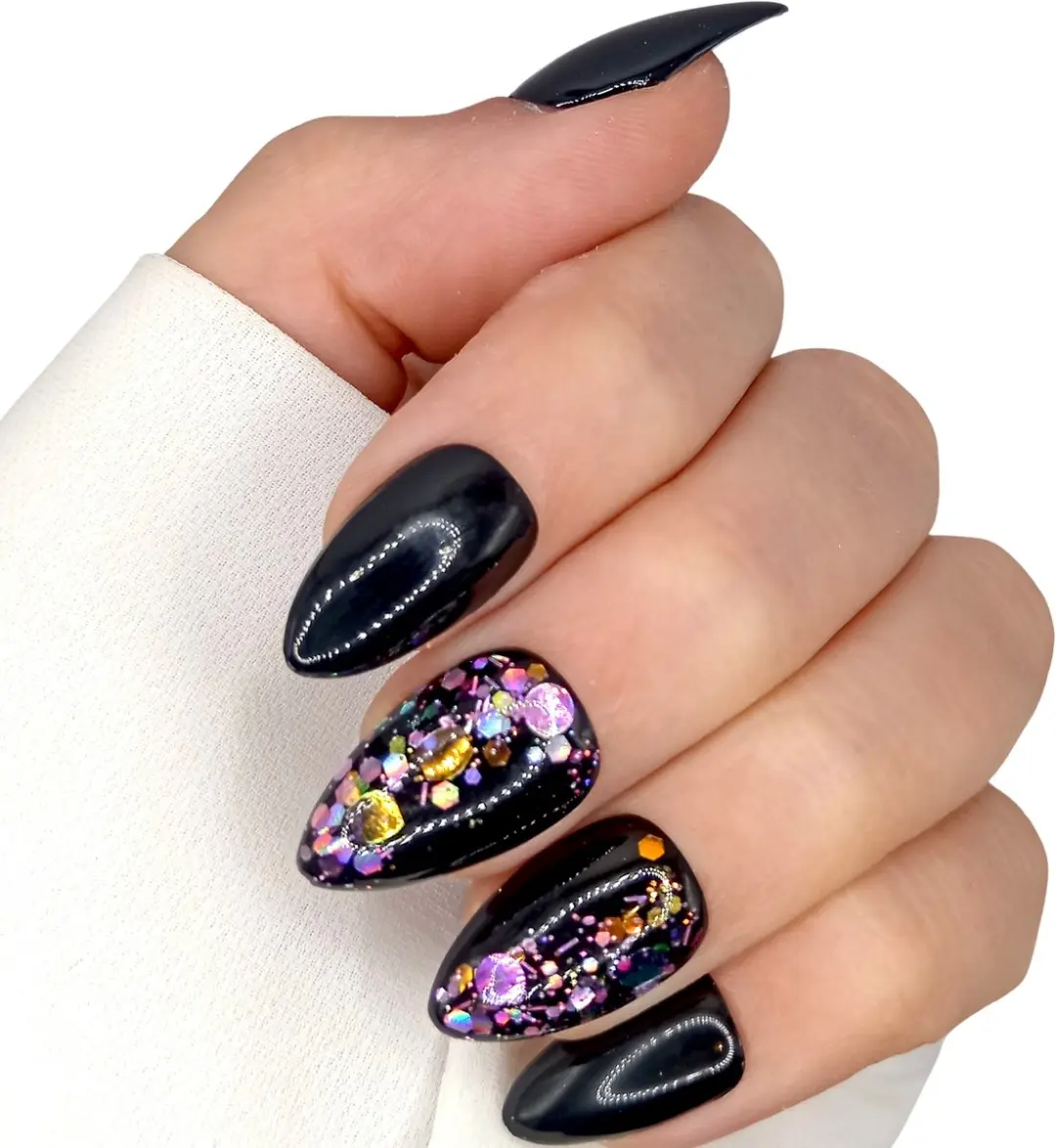 SD Press on Nails No. 18 Purple Disco Plaknagels - 20 Stuks - Zwart Paars Glitter