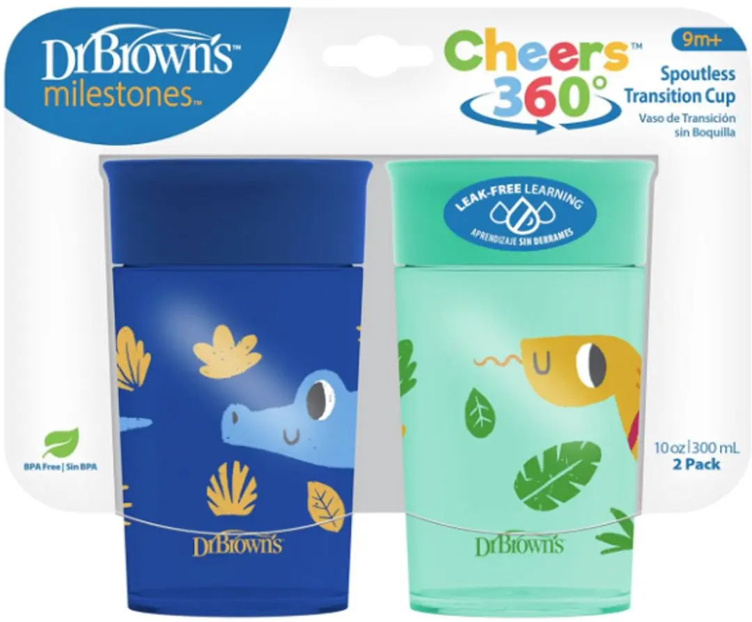 Dr. Brown's Milestones Cheers 360° Spoutless Drinkbeker 300ml - 2 Stuks - Blauw/ Groen