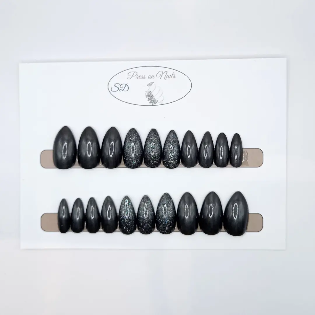 SD Press on Nails B-84 Plaknagels - 20 Stuks - Zwart Glitter - Medium Stiletto