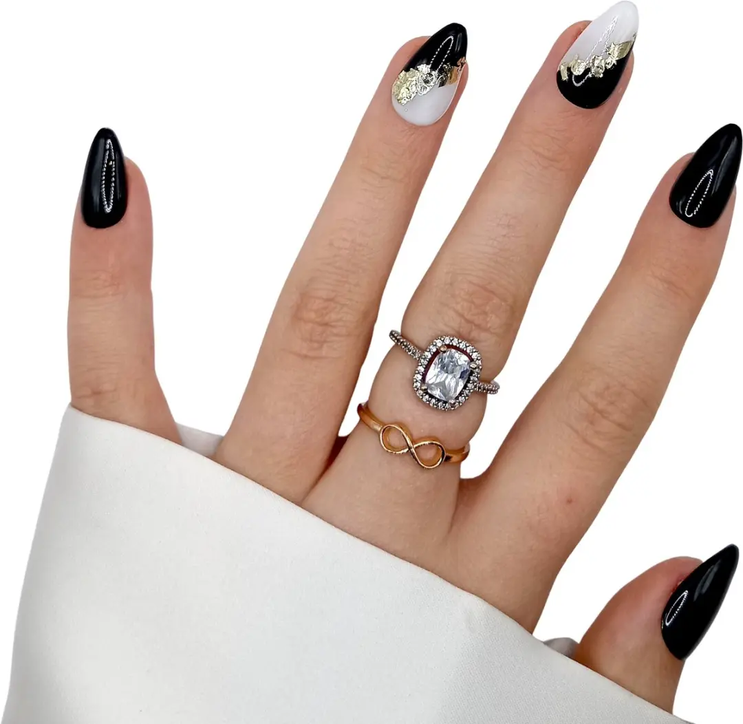 SD Press on Nails No. 114 Shadows Plaknagels - 20 Stuks - Zwart/Milky/Goud