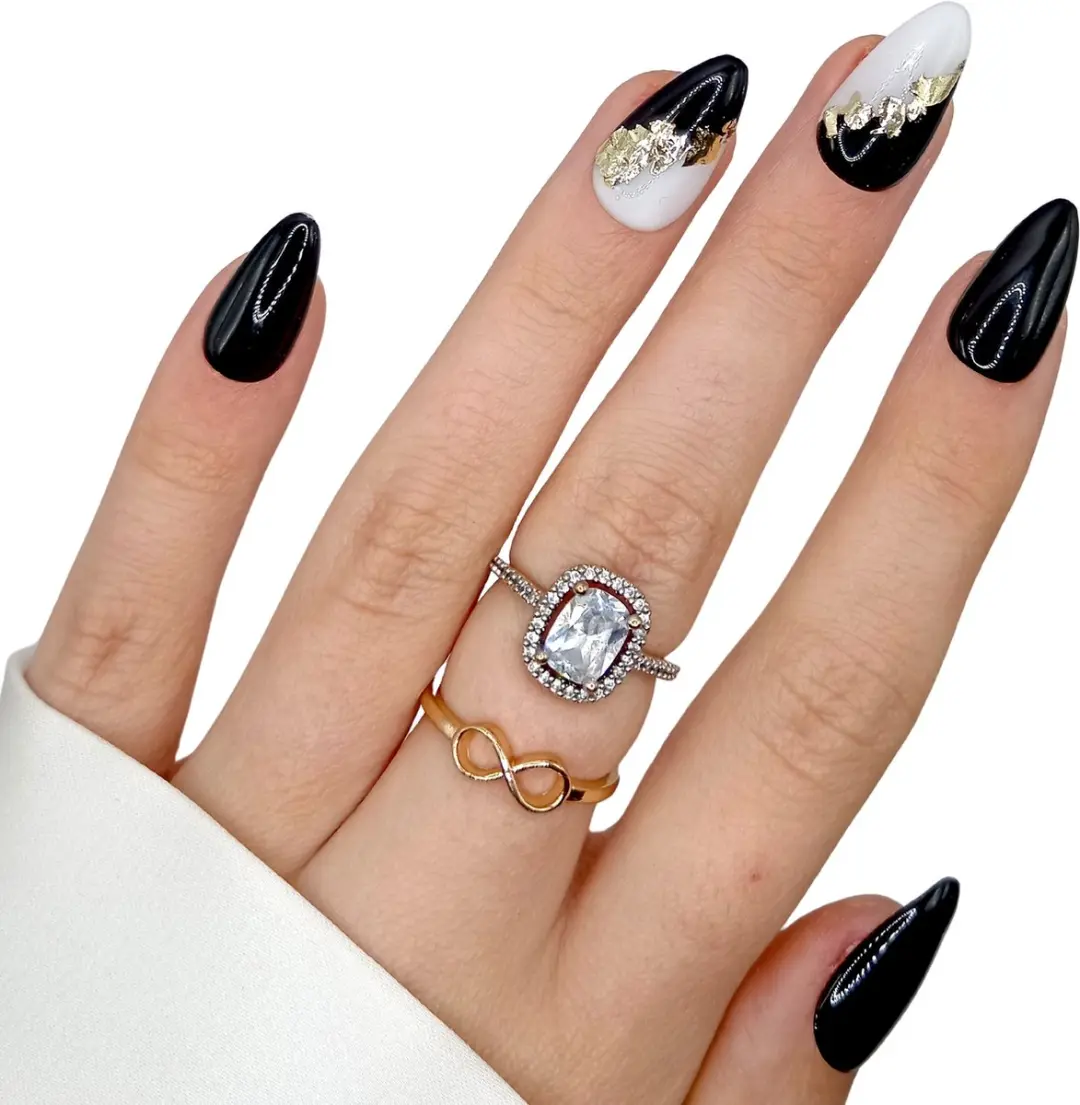 SD Press on Nails No. 114 Shadows Plaknagels - 20 Stuks - Zwart/Milky/Goud