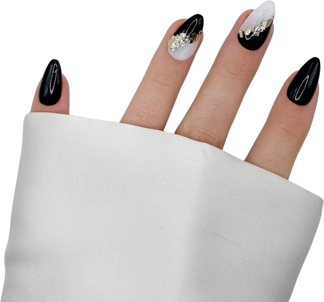 SD Press on Nails No. 114 Shadows Plaknagels - 20 Stuks - Zwart/Milky/Goud