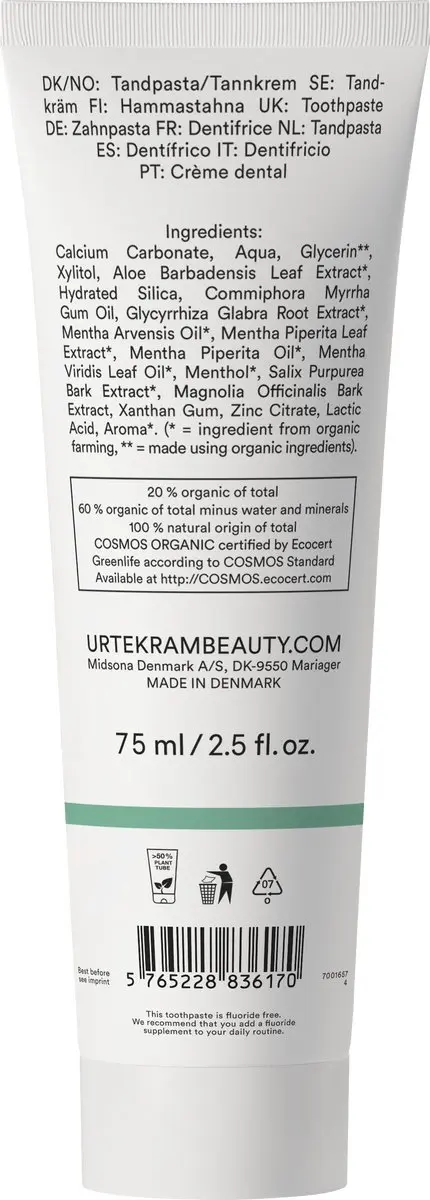 Urtekram Strong Mint Fluoridevrije Tandpasta 75ml