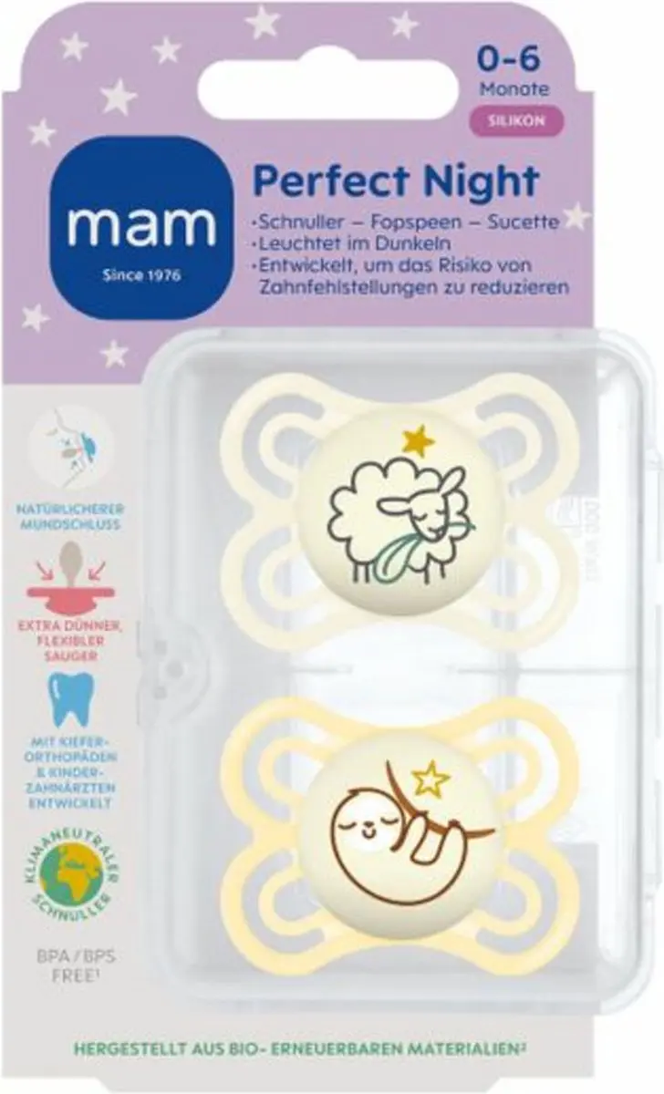 MAM Perfect Night Speen Orthodontisch Glow In The Dark - 0-6 Maanden - 2 Stuks