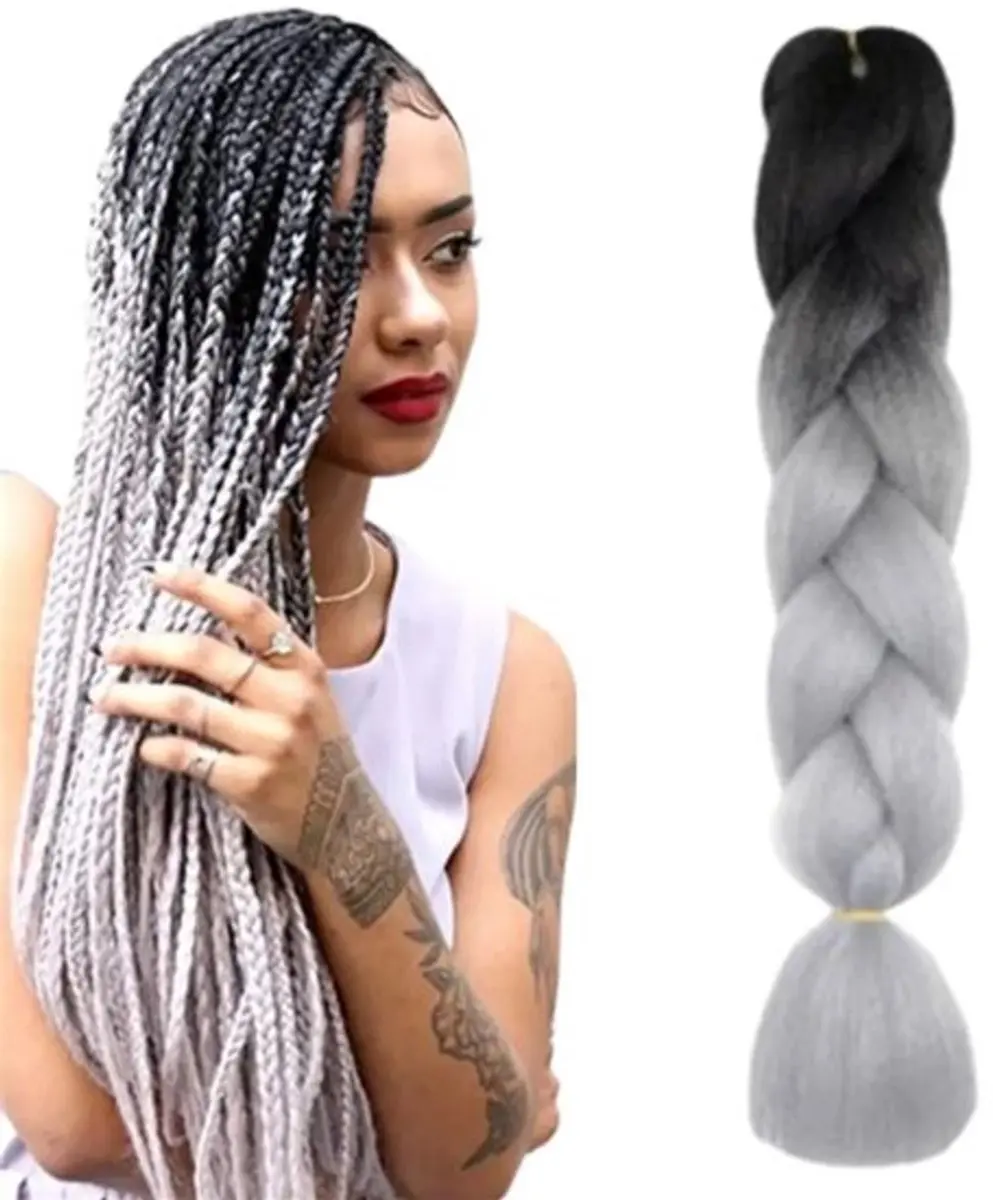 Haarsoires Imitatiehaar Jumbo Braids 60cm - Grijs/Zwart