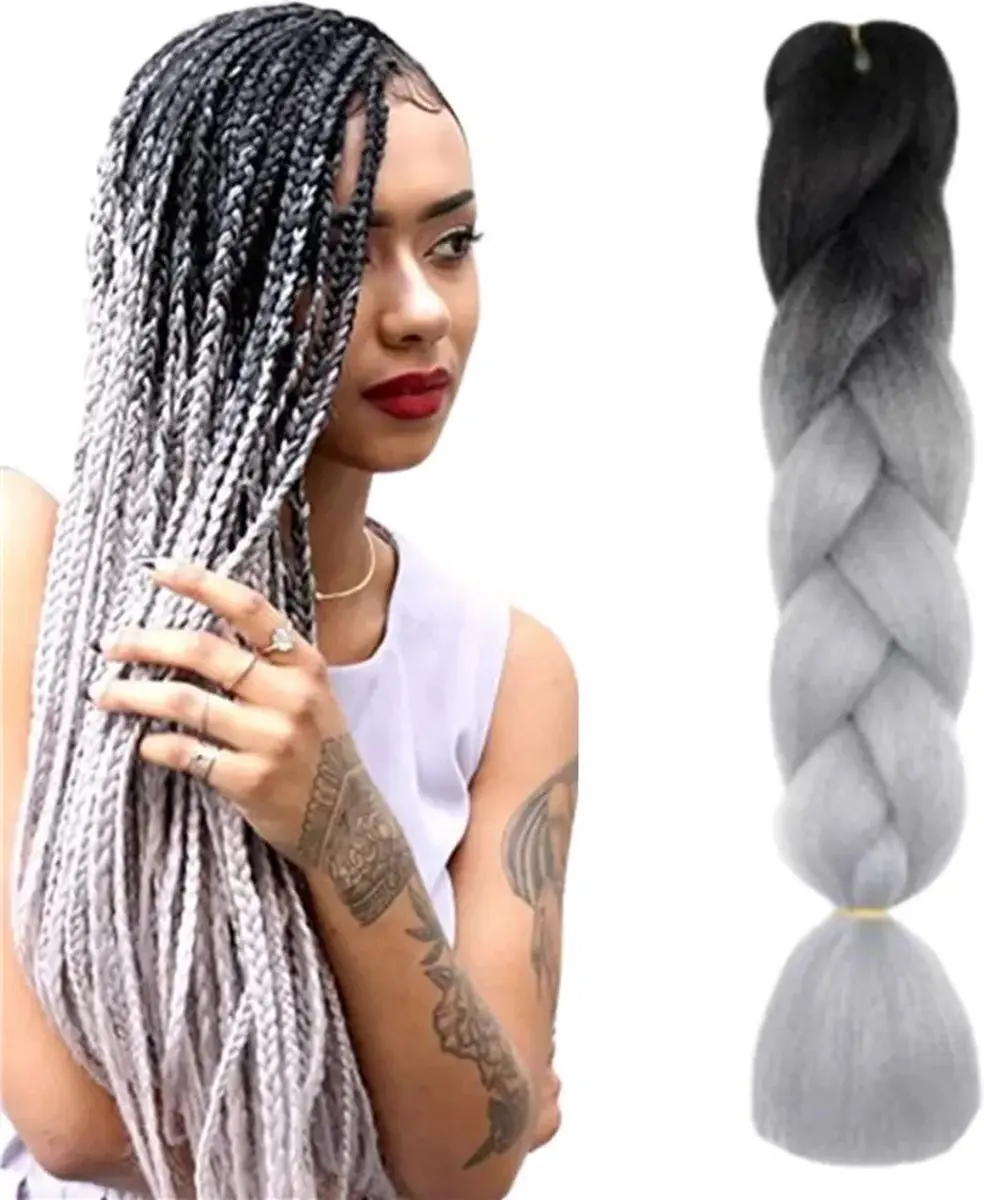 Haarsoires Imitatiehaar Jumbo Braids 60cm - Grijs/Zwart