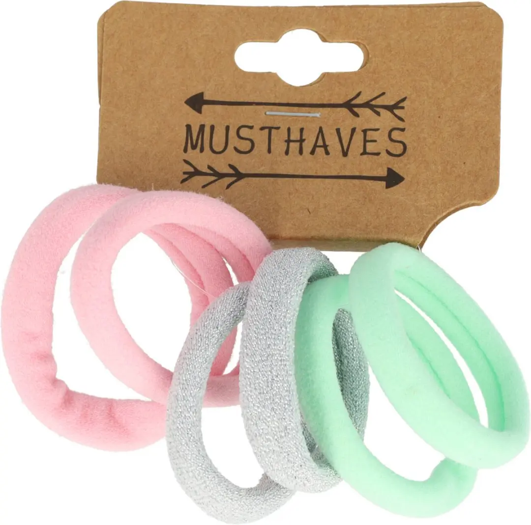 Haarsoires Basic Elastieken 4cm - Roze/Zilver/Groen - 6 Stuks
